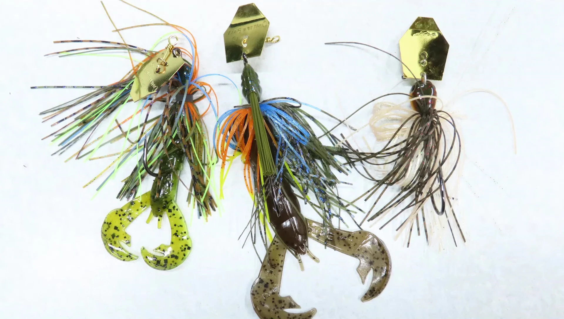 Chatterbaits with gold blades.