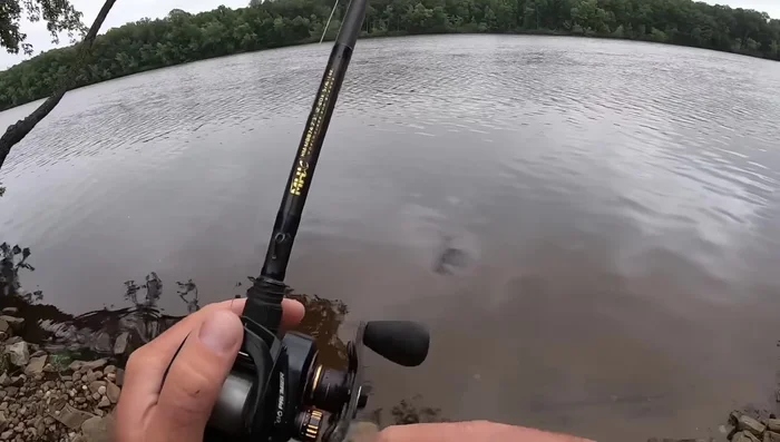 Slowly drag the jig along the bottom with your rod tip down, allowing it to snag on rocks.