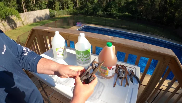 Let the tools soak in vinegar for 24 hours (21 hours in this video due to weather).