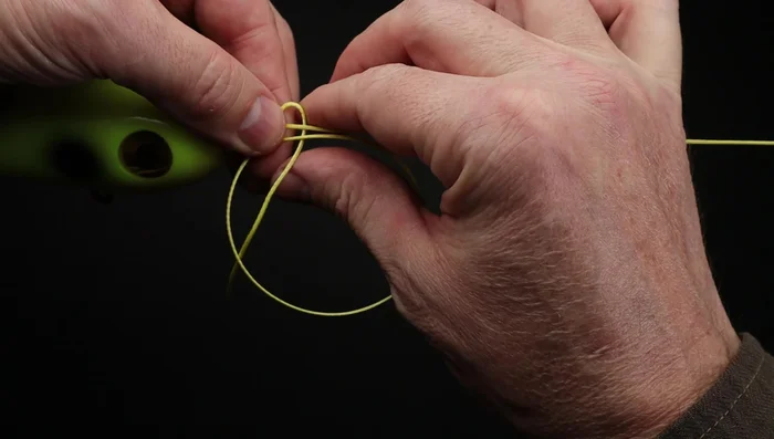 Bring the end of the line down through the loop and wrap it around both lines six to eight times (six for heavier lines, seven to eight for lighter lines).