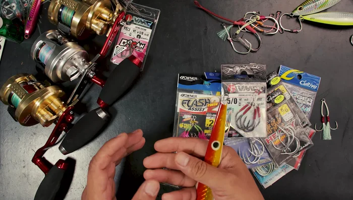 Attach fast jigging hooks (single or double) to each side of the jig.