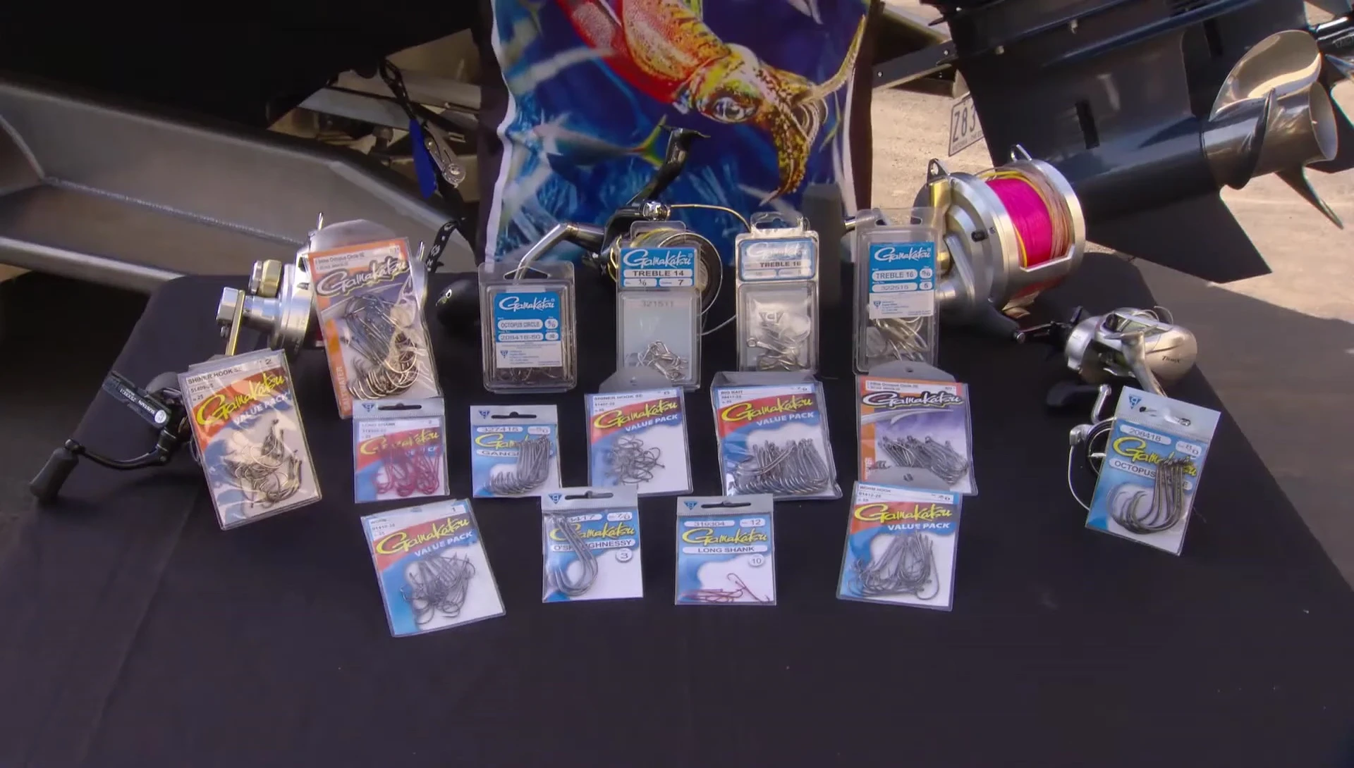 Variety of Gamakatsu hooks displayed, highlighting their range
