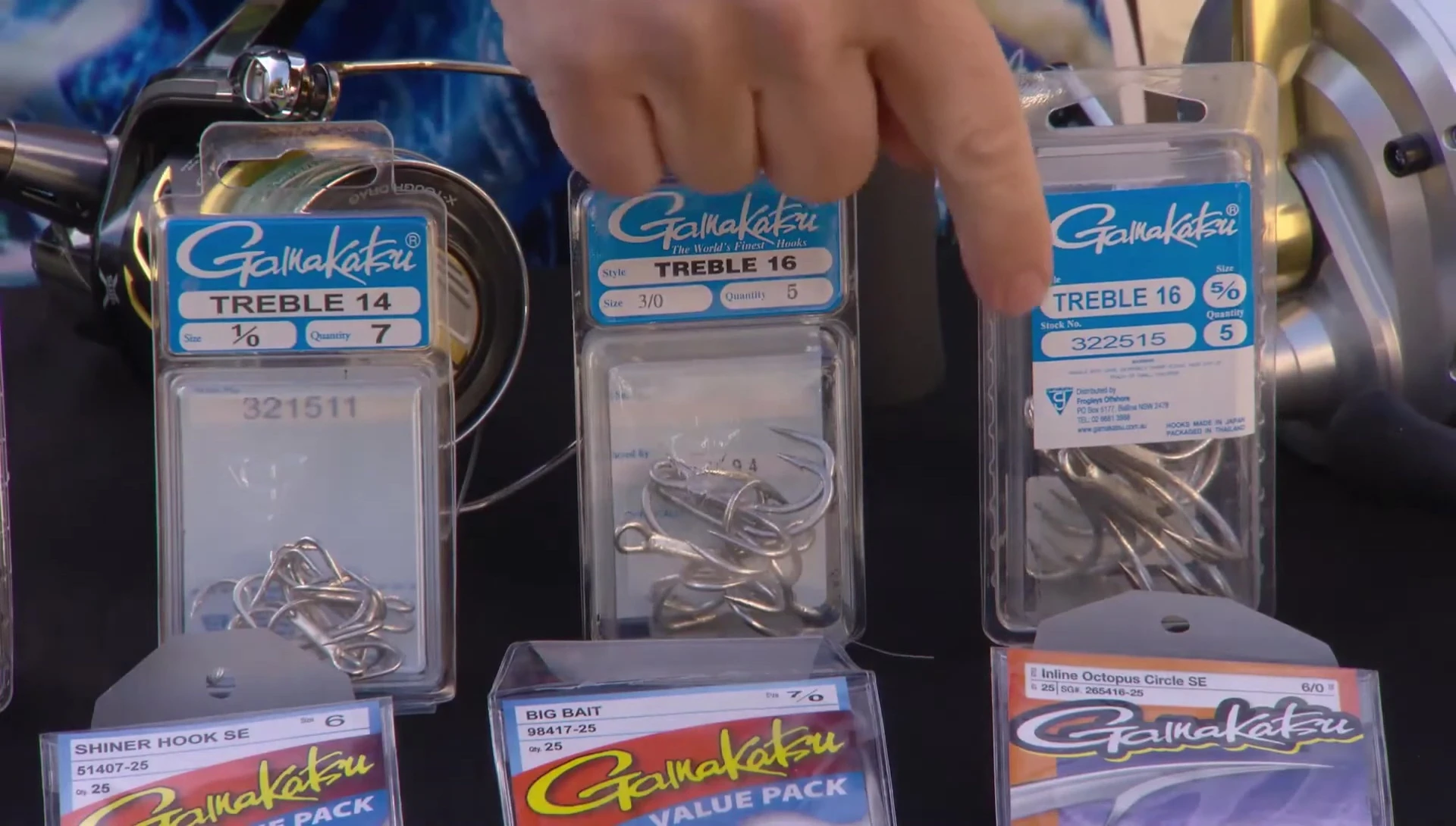 Close-up of Gamakatsu treble hooks