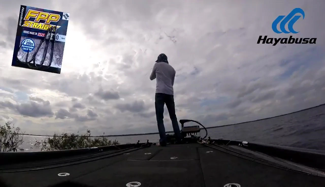 Angler successfully landing a large bass using the Hayabusa FPP Straight hook