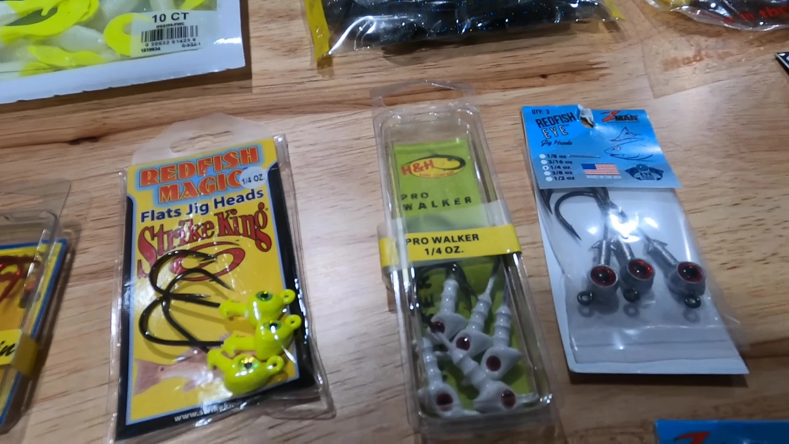 Close-up of different jig heads packaging