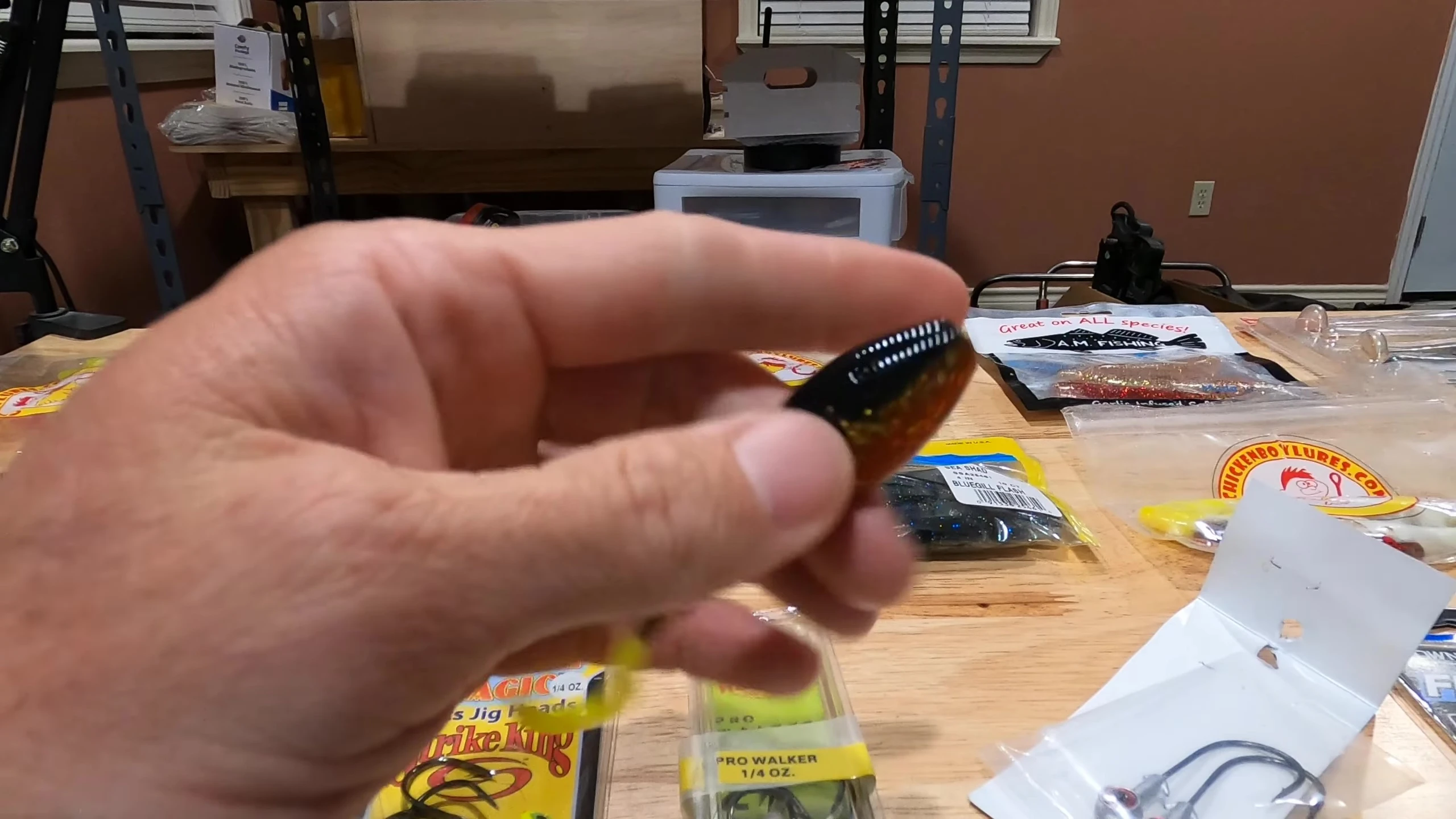 Speaker demonstrating a jig head and soft plastic lure combination