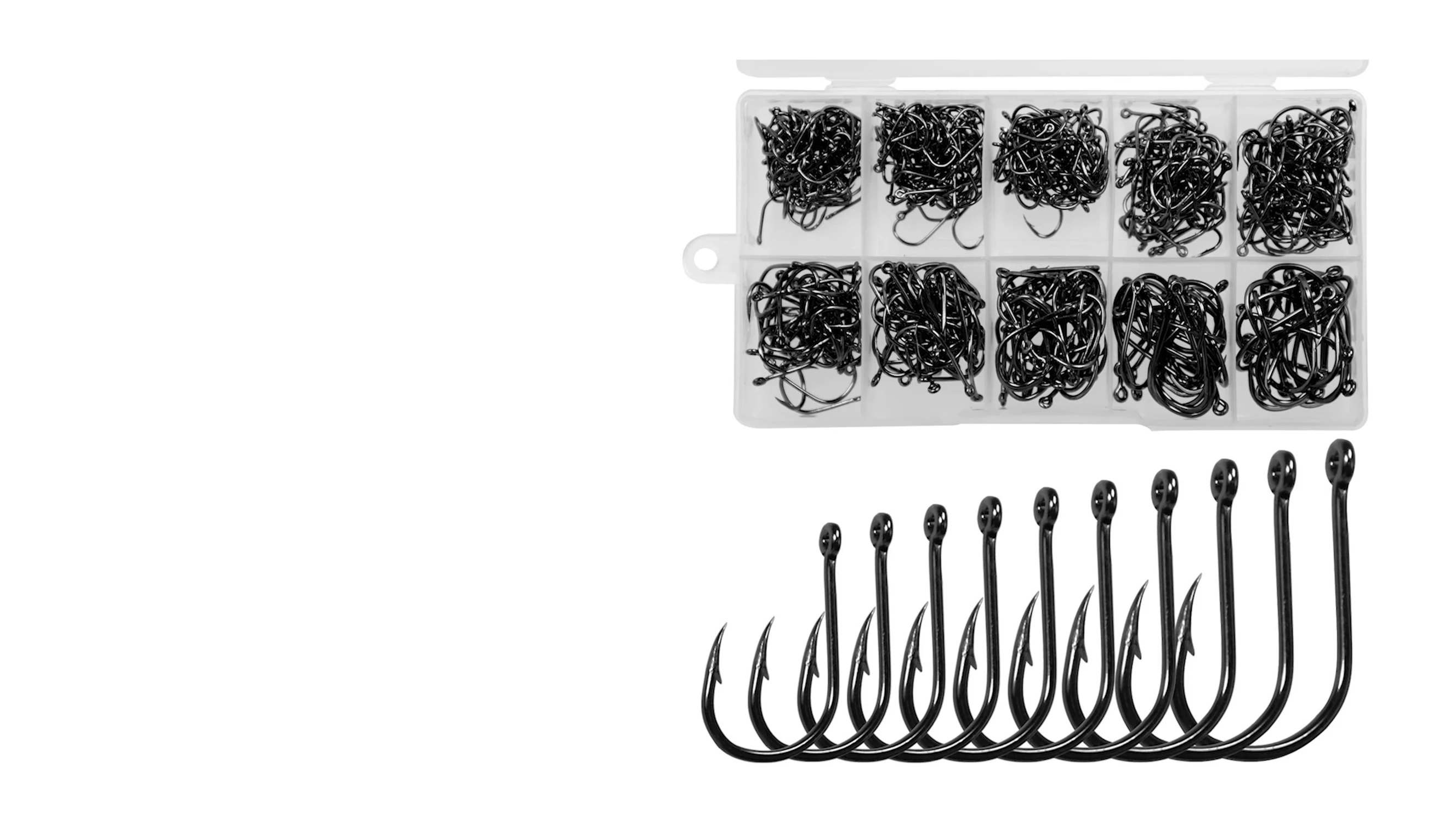 Close-up of the individual small boxes containing the hooks.
