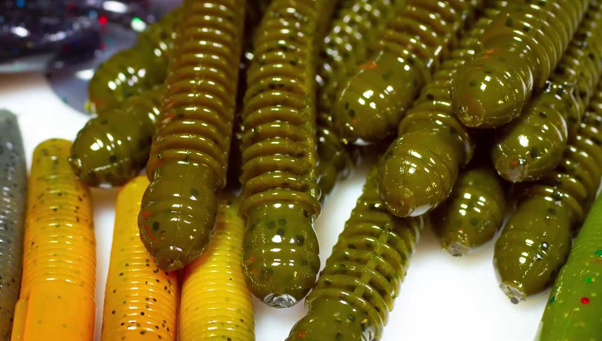 Close-up shot of the different types of lures included in the kit.