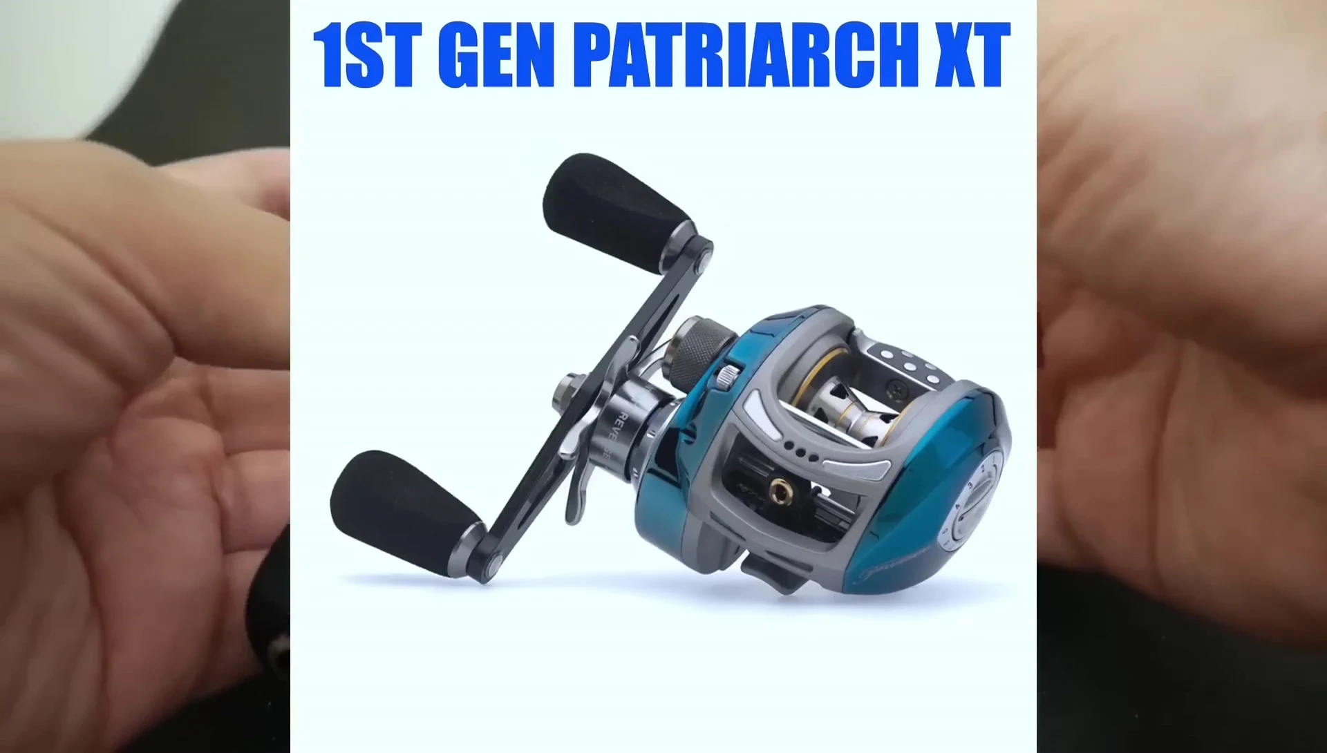 Close-up of the first-generation Pflueger Patriarch XT reel, highlighting its blue anodized side plates and intricate design.