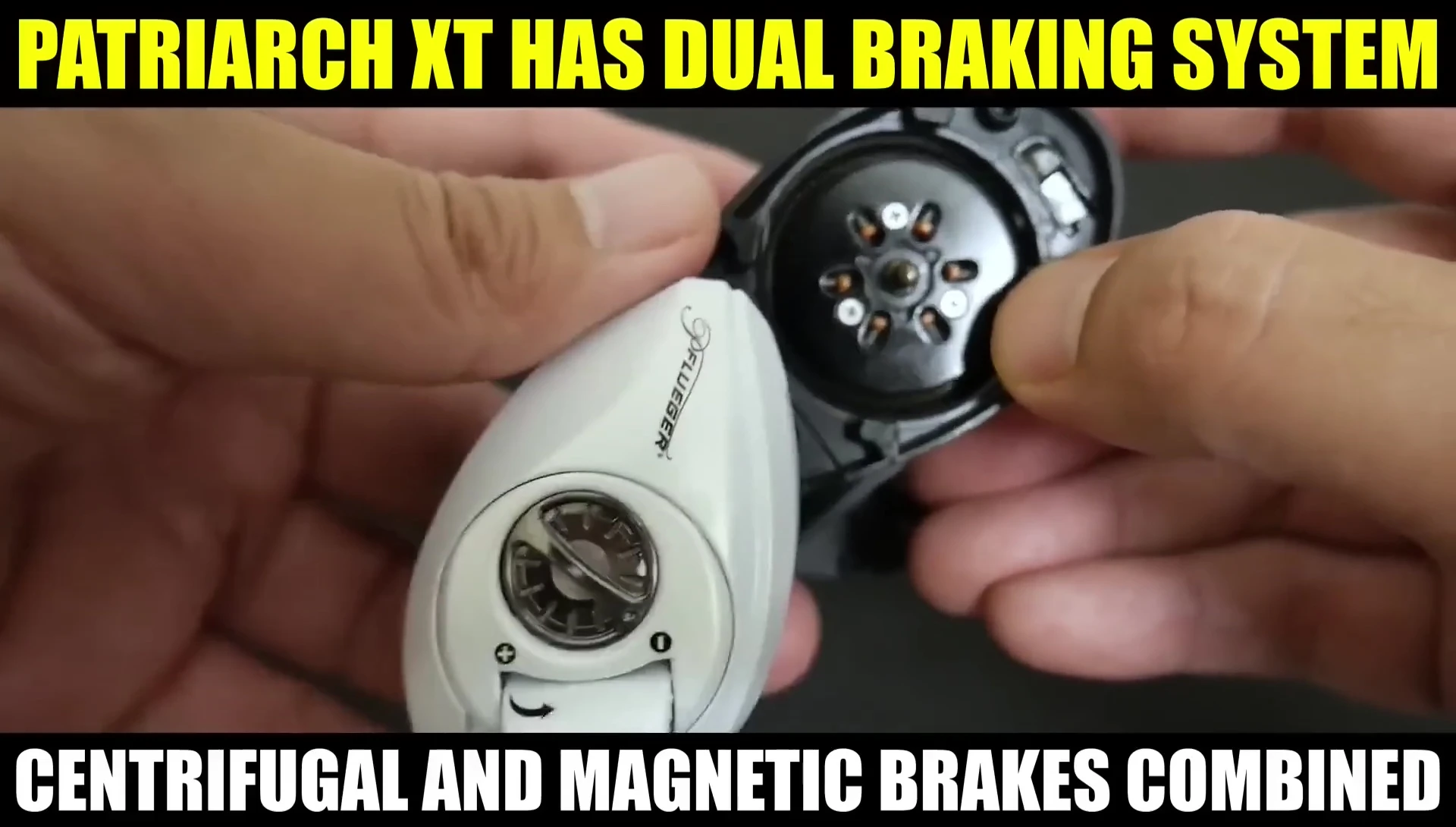 Image of the reel's dual braking system (centrifugal and magnetic).