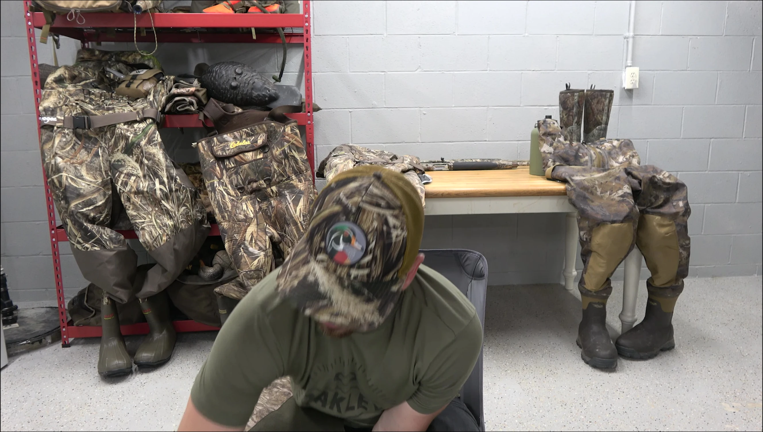 Close-up showing Frog Toggs wader's boot and knee pad