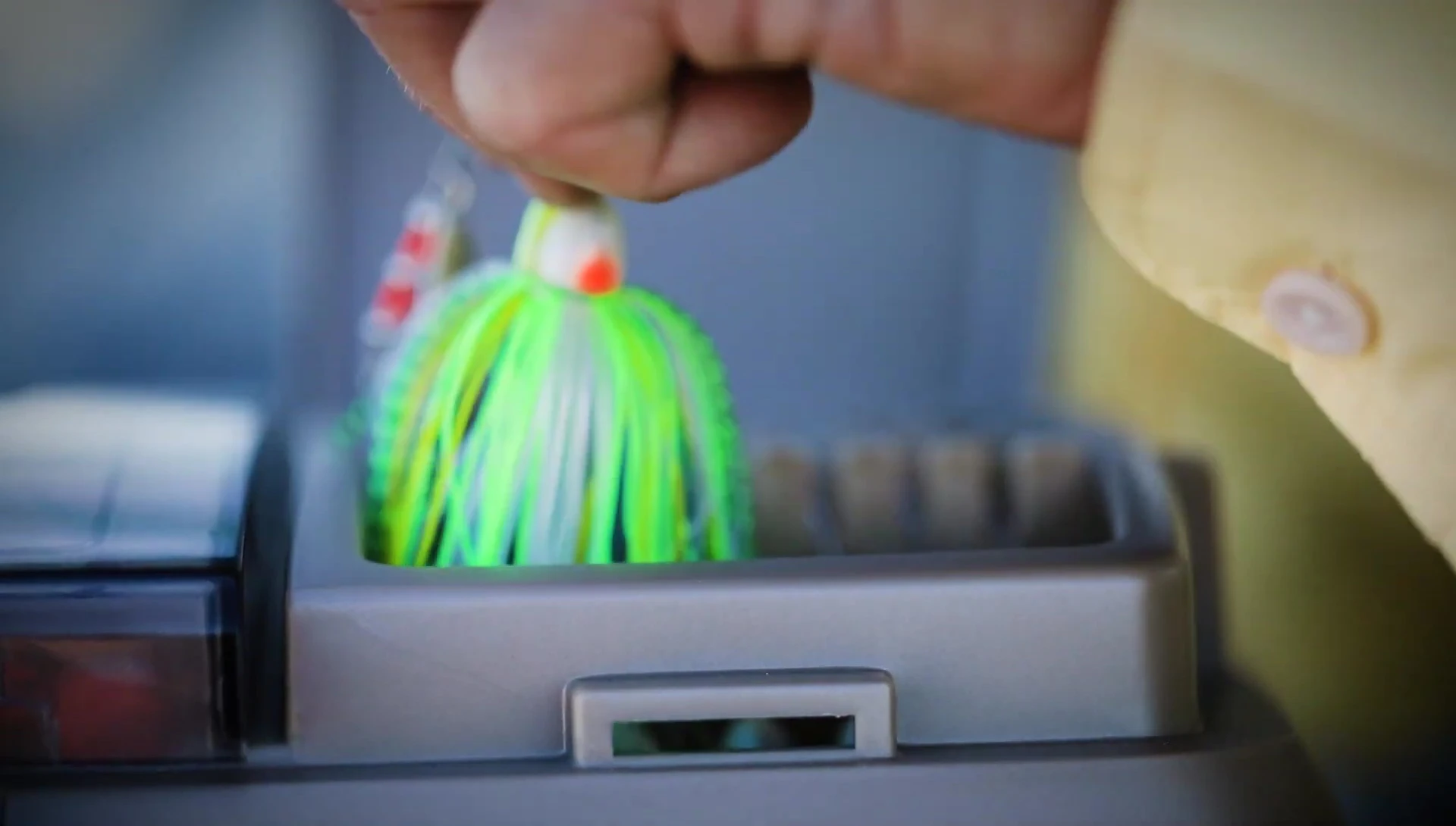 View of the hatch in the top lid, providing quick access to spinnerbaits.