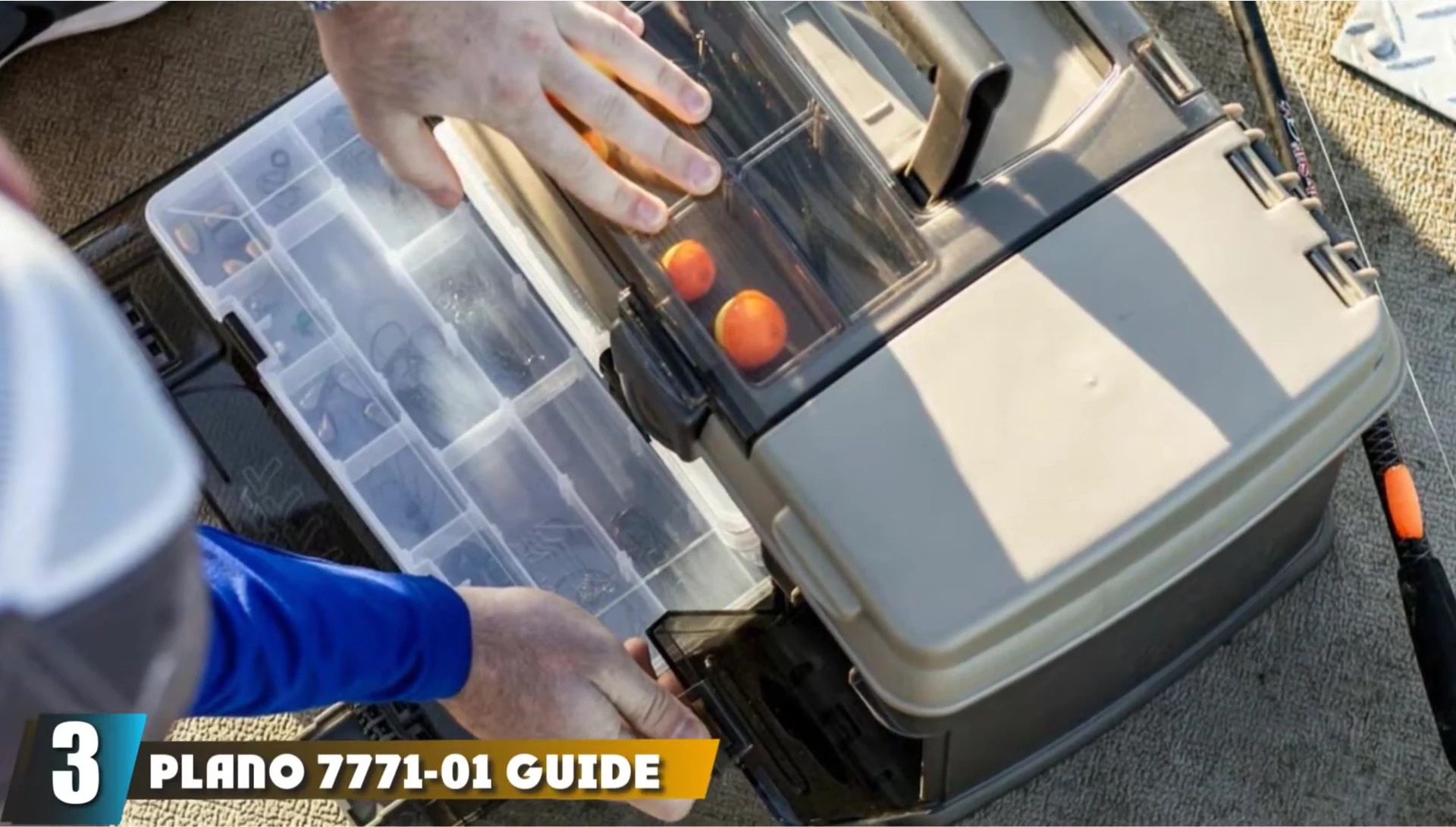 The Plano 7771 tackle box shown open, revealing its multiple compartments and organization options.