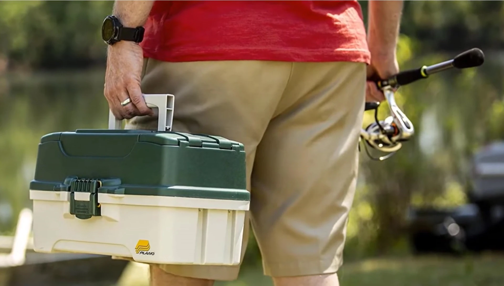 A close-up of the Plano 3-Tray Tackle Box, highlighting its latch and handle.