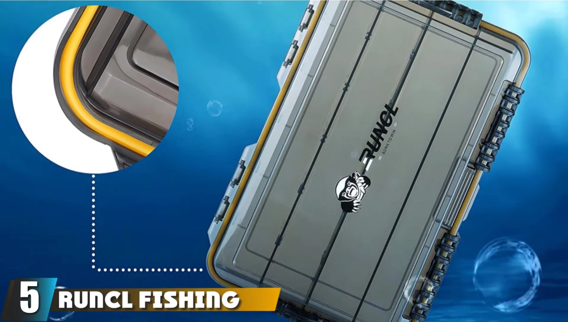 The Runcl Fishing Tackle Box, highlighting its rugged construction and latches.