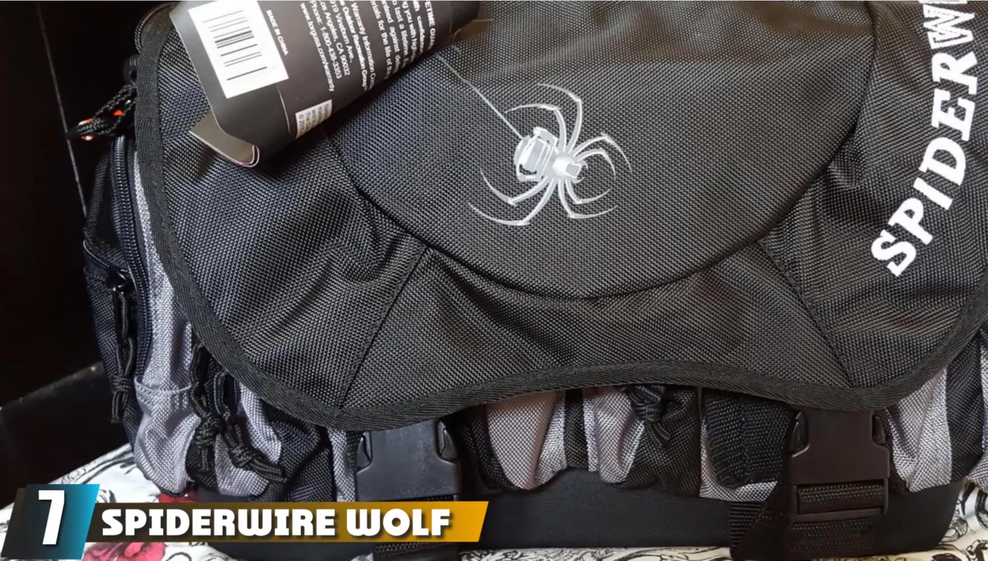 The SpiderWire Wolf Tackle Bag shown, highlighting its material and construction.