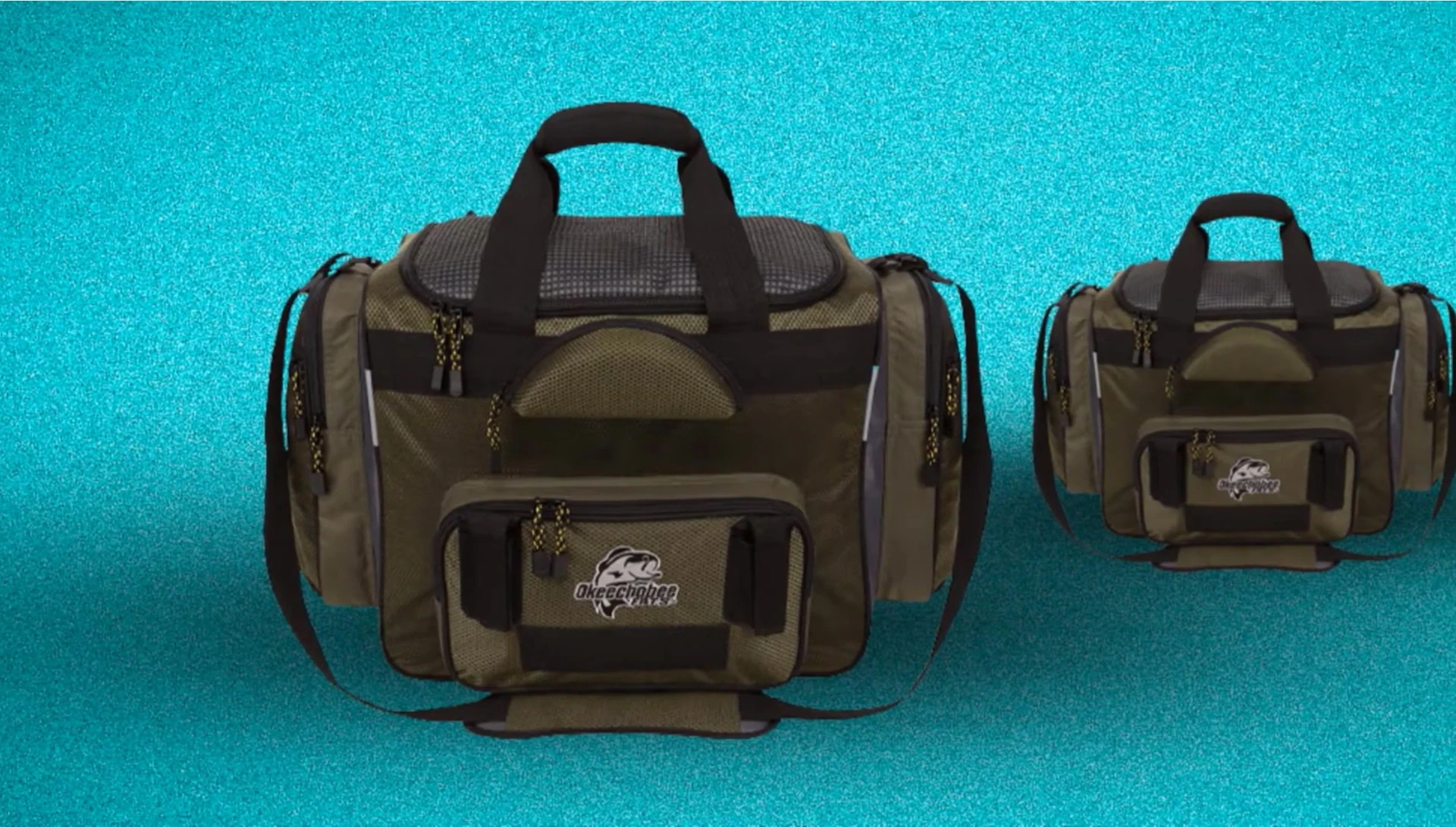 A detailed view of the Okeechobee Fats T1200 Tackle Bag showing the exterior and handle.