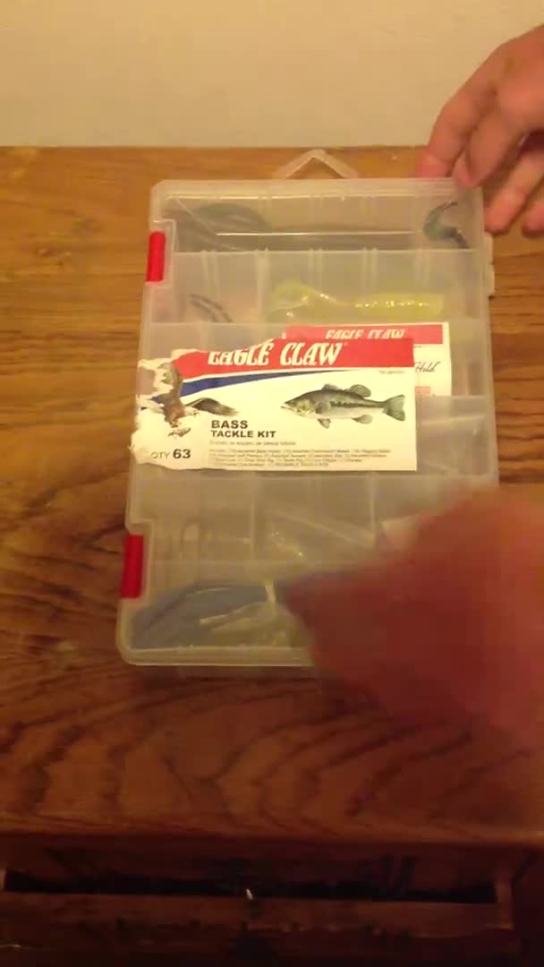 Overview of the Eagle Claw Bass Tackle Kit showing the quantity of items.