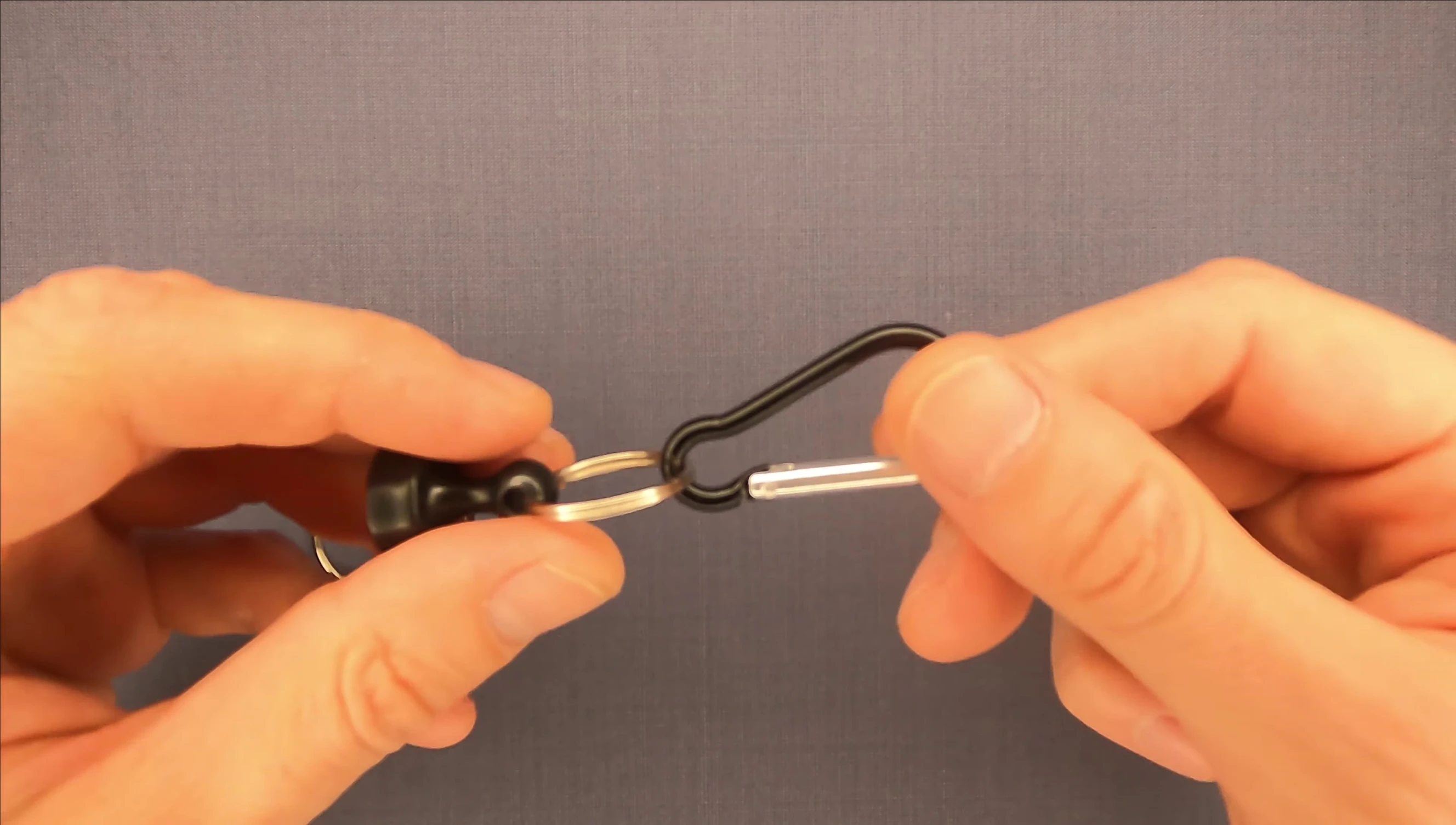 Shot showcasing the carabiner and split ring attachments.