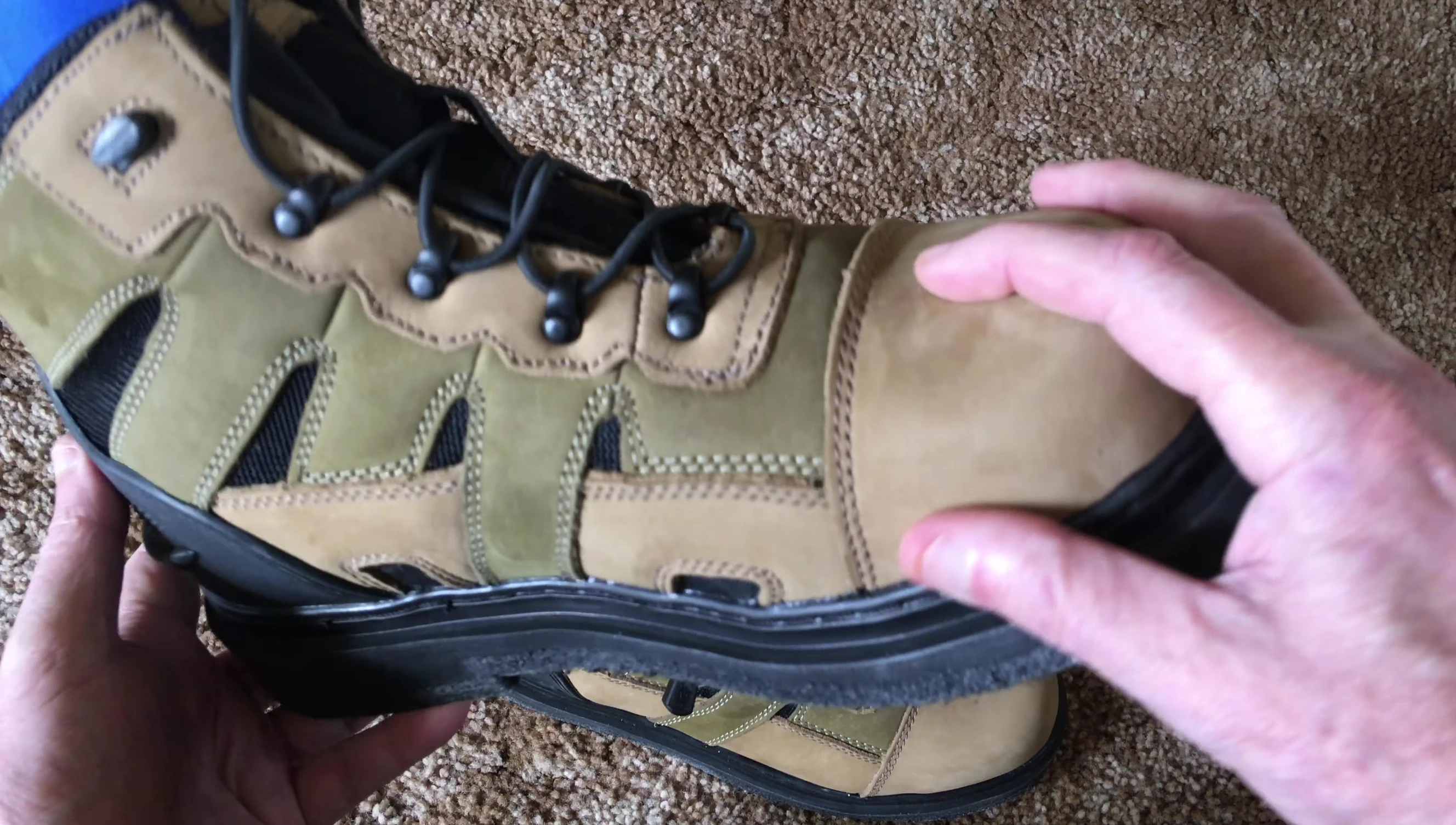 Close-up on the leather uppers of the boots