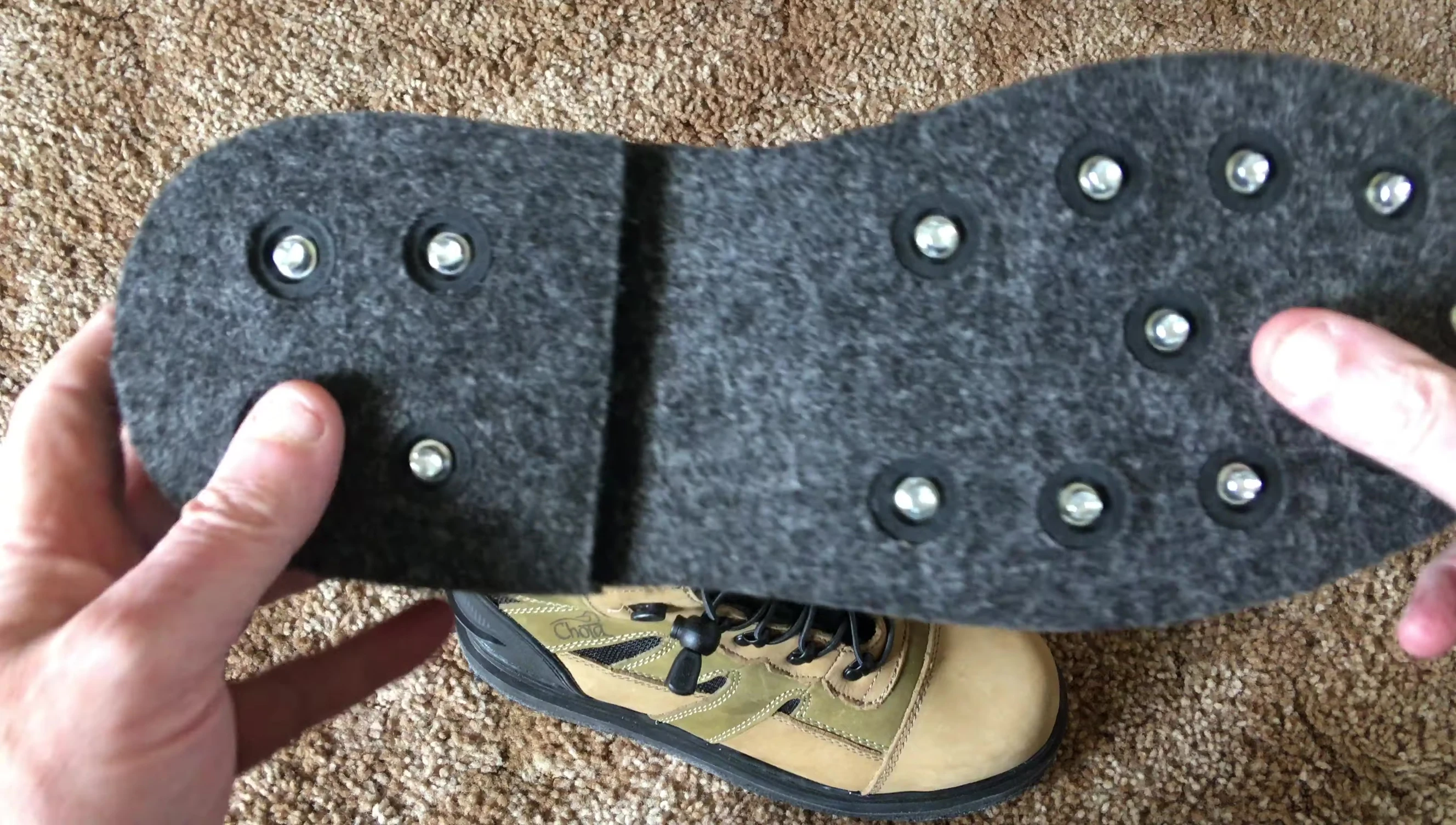 Close-up of the cleats and tools needed for installation
