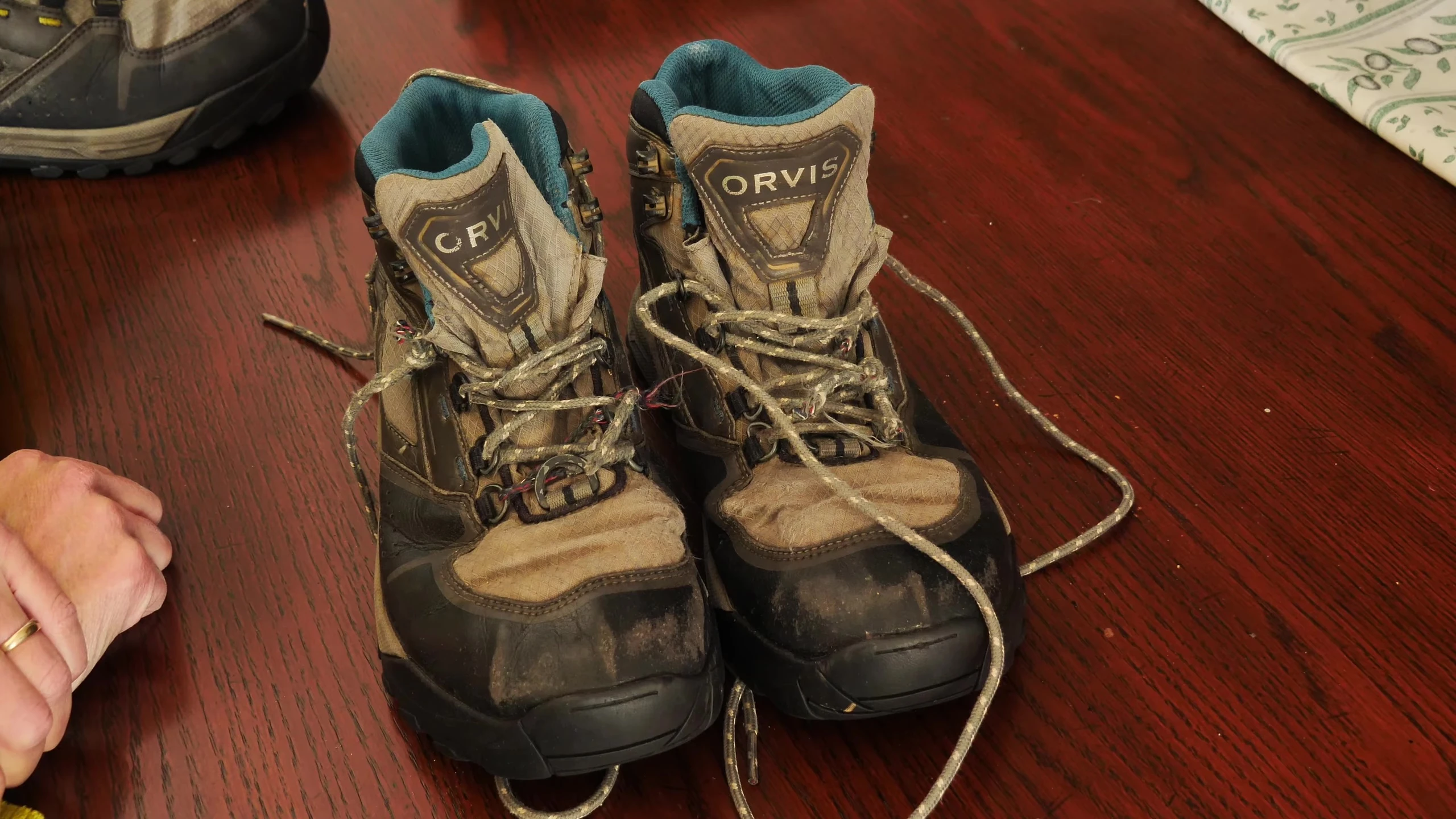 The boots packed for travel.
