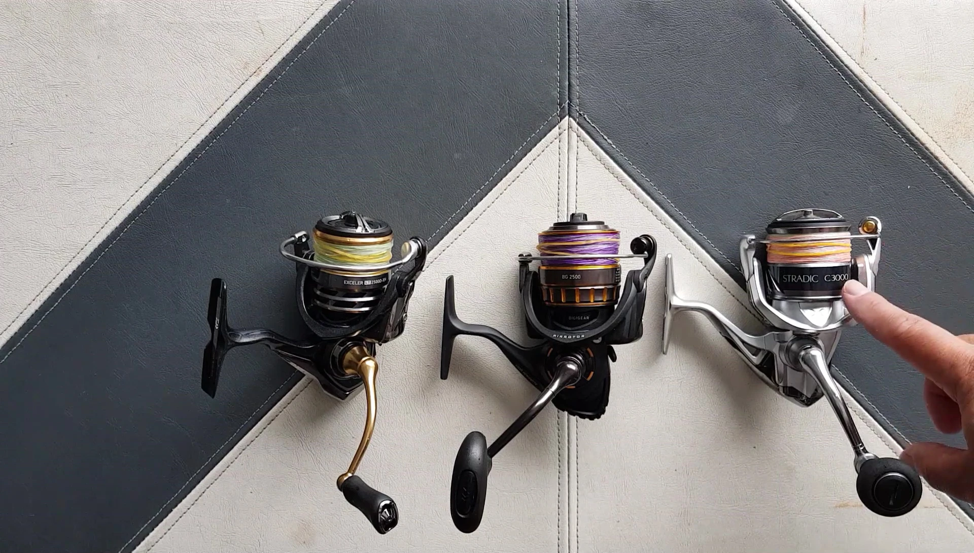 The speaker points to the Daiwa BG reel emphasizing its metal construction