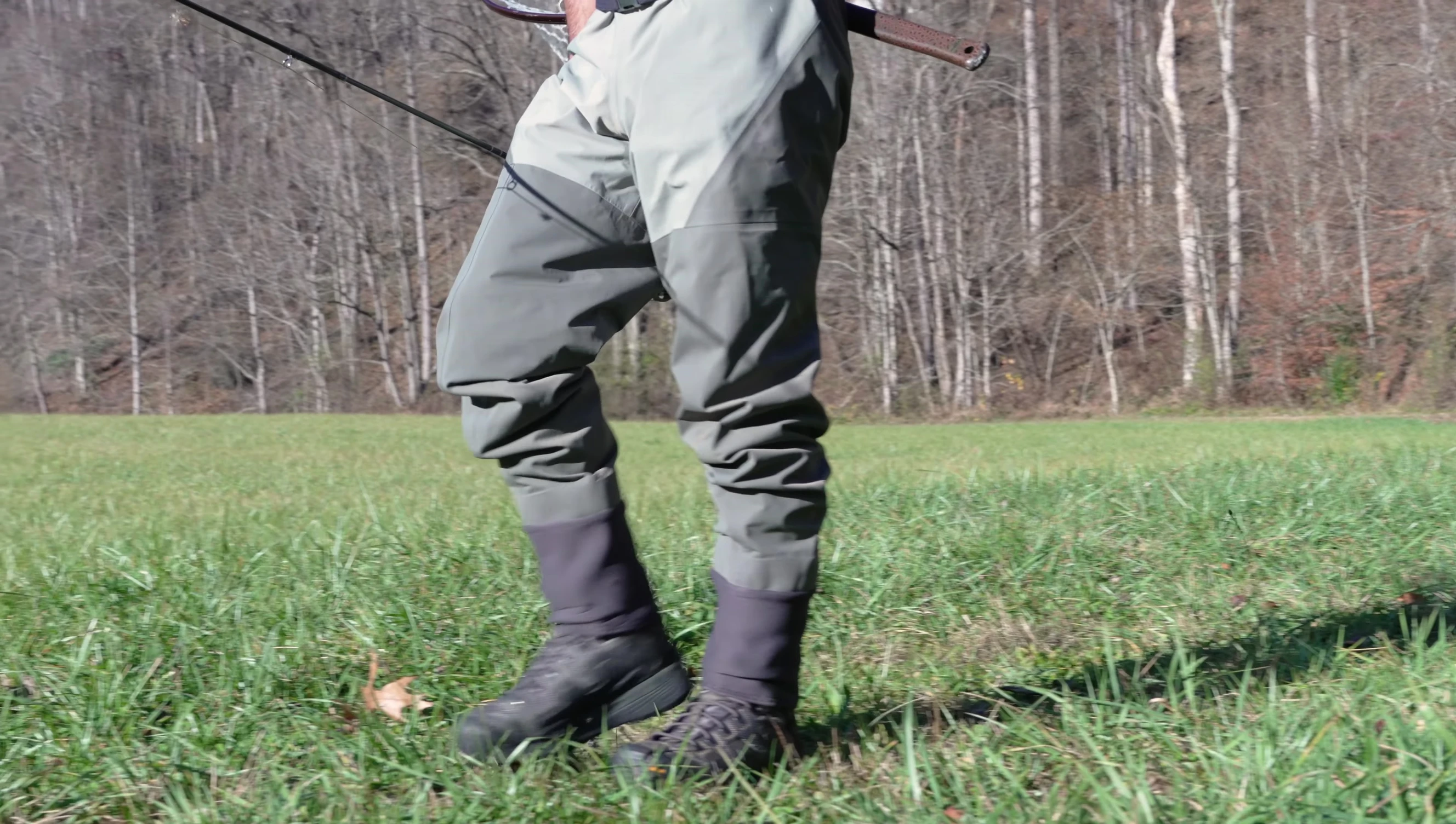 Close-up of the four-layer Quadrilaminate Toray material on the leg of the wader.