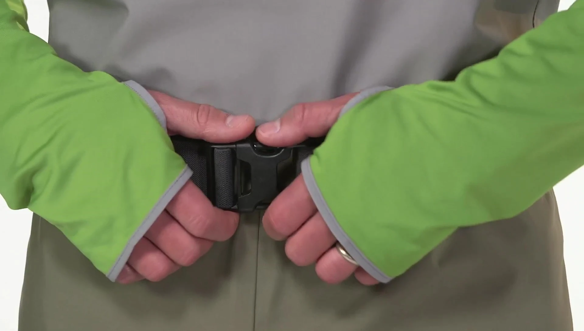 Detail shot of the wader's waist and adjustable suspenders.