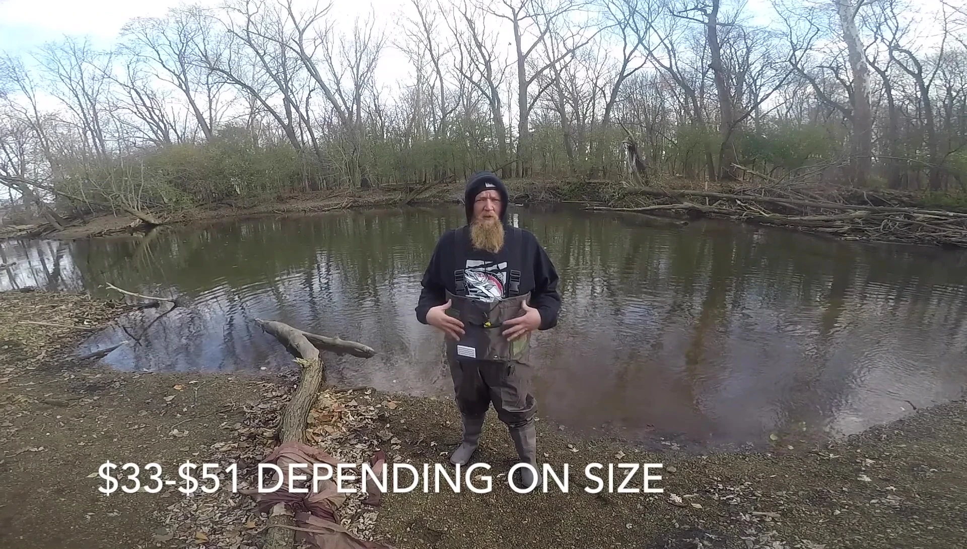 The reviewer holding the waders and commenting on the price.