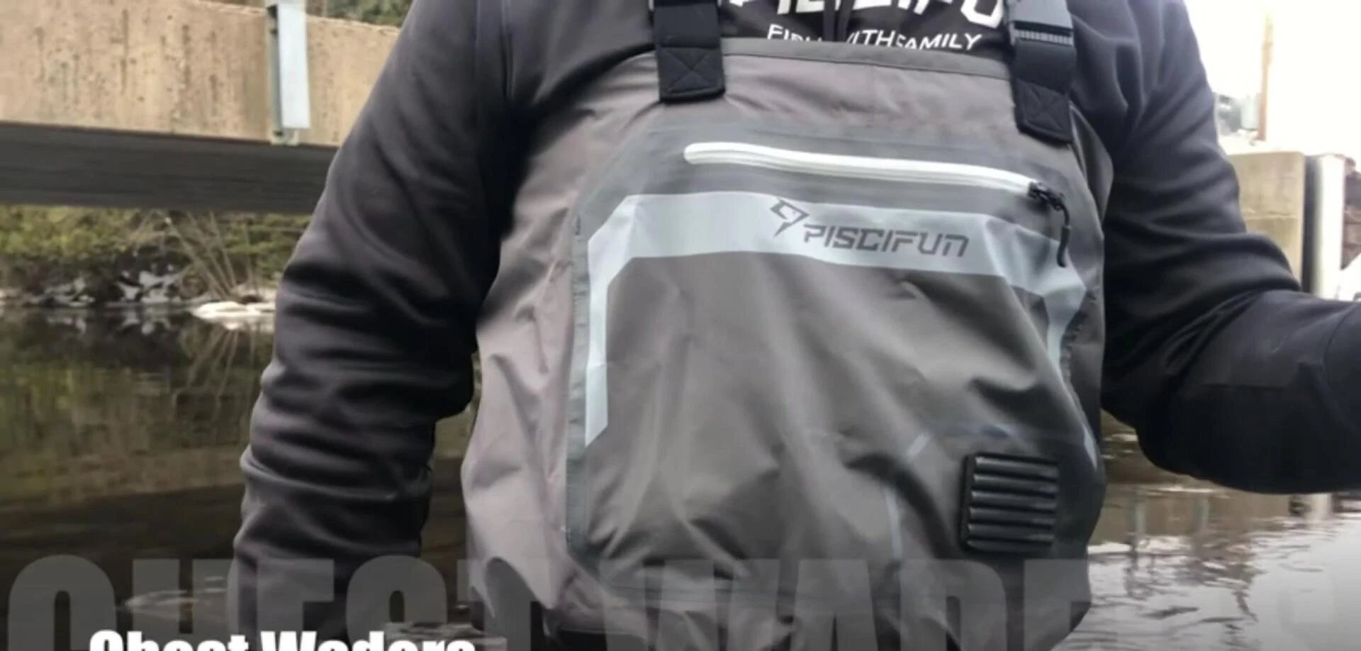 Close-up of the Pissah Fine PC Fund waders, highlighting the stitching and material.