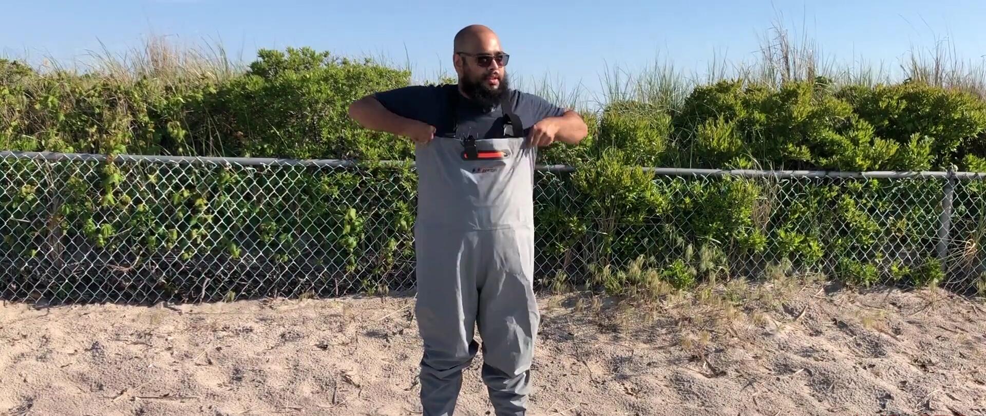 Reviewer wearing the waders, showing the fit