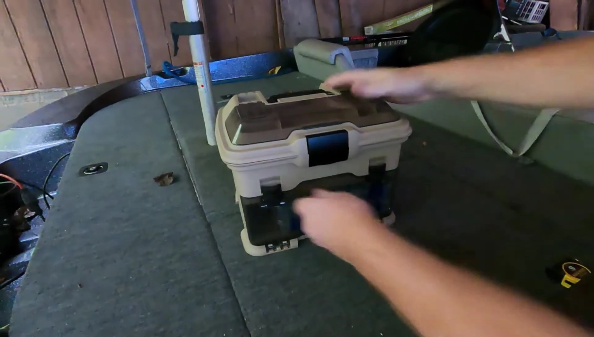 Shot suggesting use cases of the tackle box, from boating to smaller watercrafts.