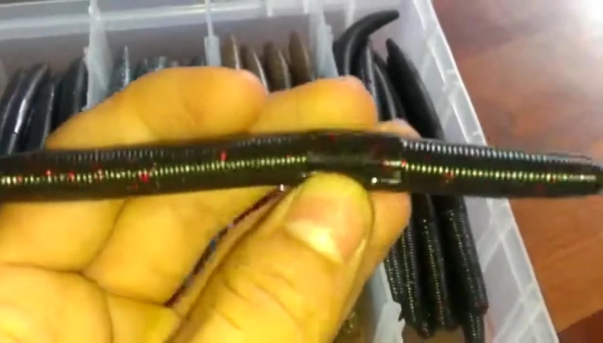 Close-up of the stick baits showing the Texas rigging slots.
