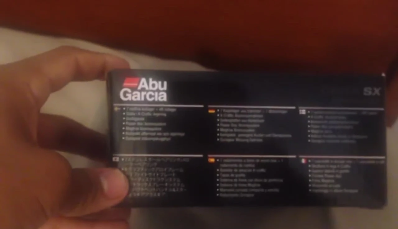 Shot of the multilingual specifications on the reel's box.