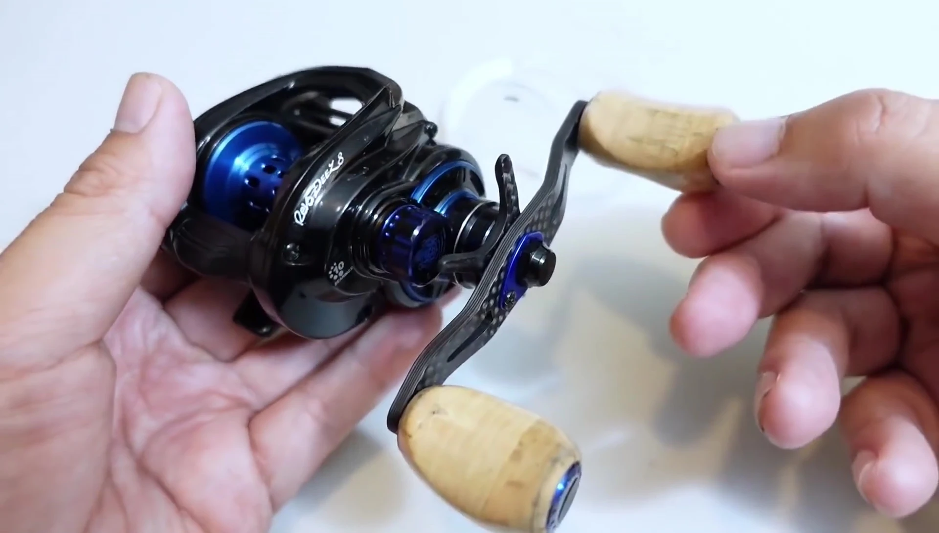 Detailed view of the reel's cork knobs.
