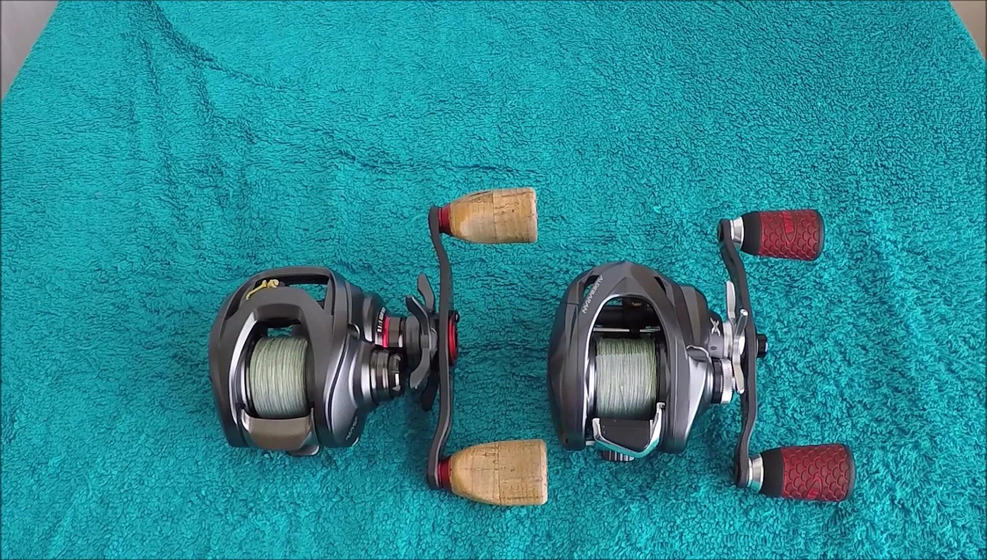 Close-up comparison shot of the Daiwa Steez SV TW and Shimano Aldebaran reels side-by-side.