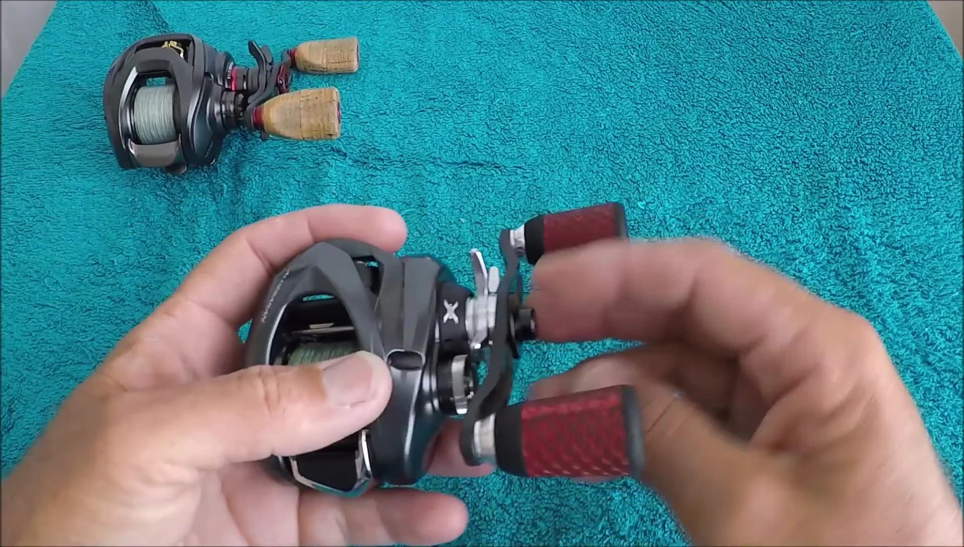 Close-up of the Shimano Aldebaran reel showcasing its weight.