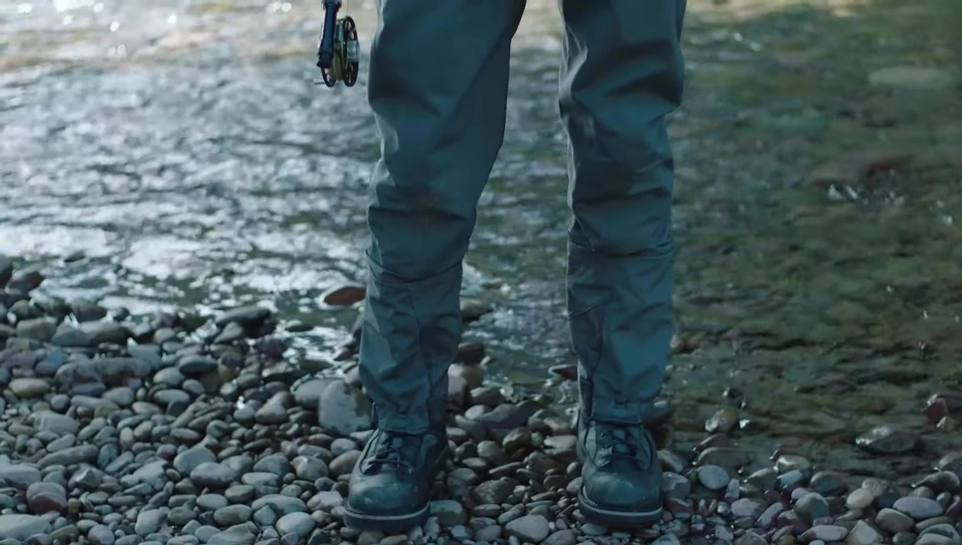 Detailed view showcasing the heavier, recycled double-weave fabric in the lower portion of the waders.