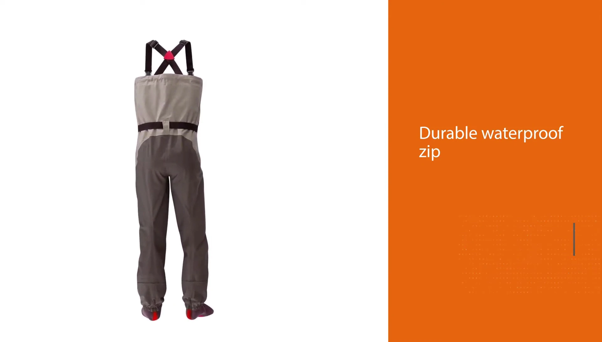 Close-up of the zipper and pockets on the Redington waders