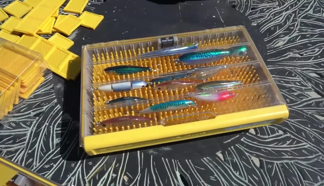 Close-up of Plano Edge 3700 crankbait box showing the finger inserts