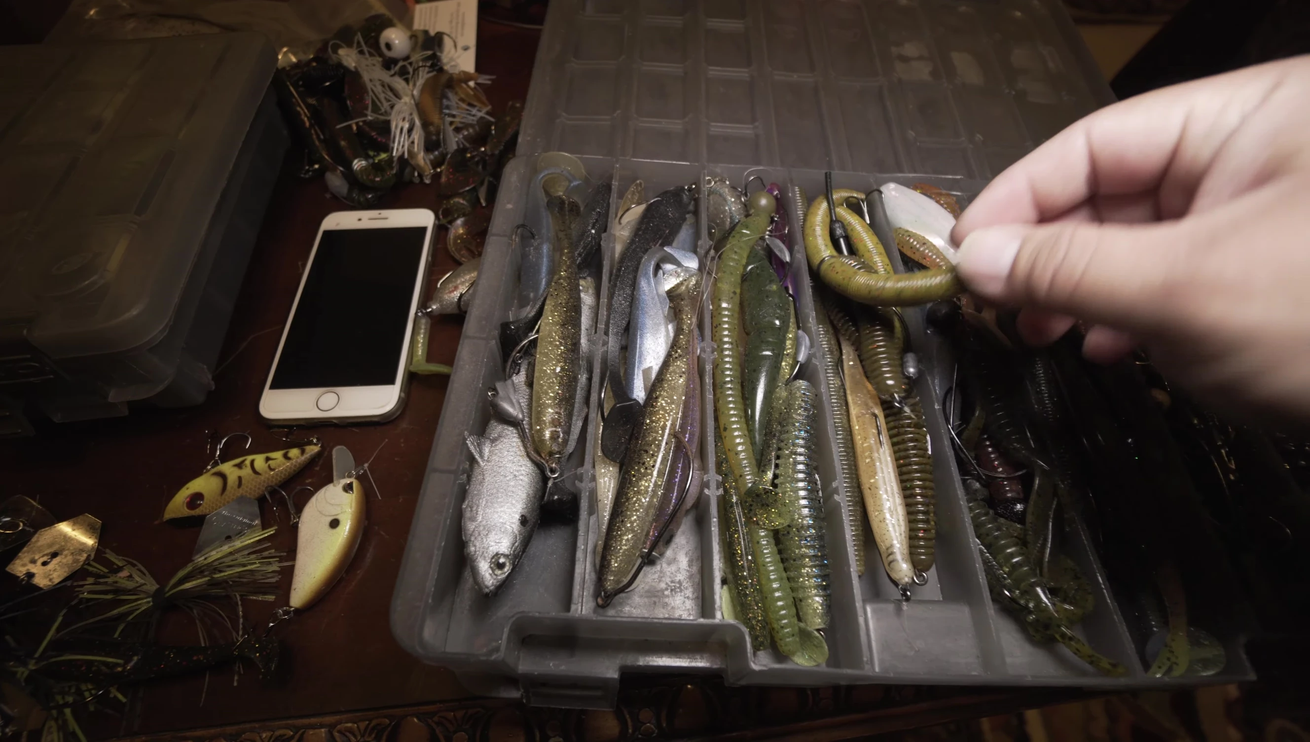 Close up view of organized lures