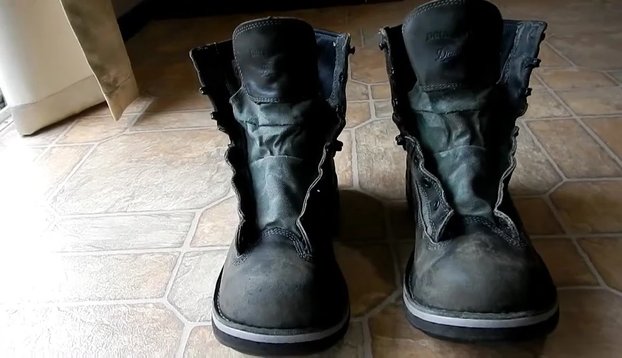 Close-up view of the boots showing overall wear and tear