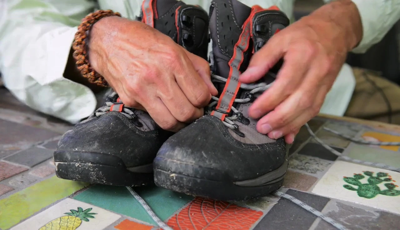 Close up of worn laces near the eyelets.