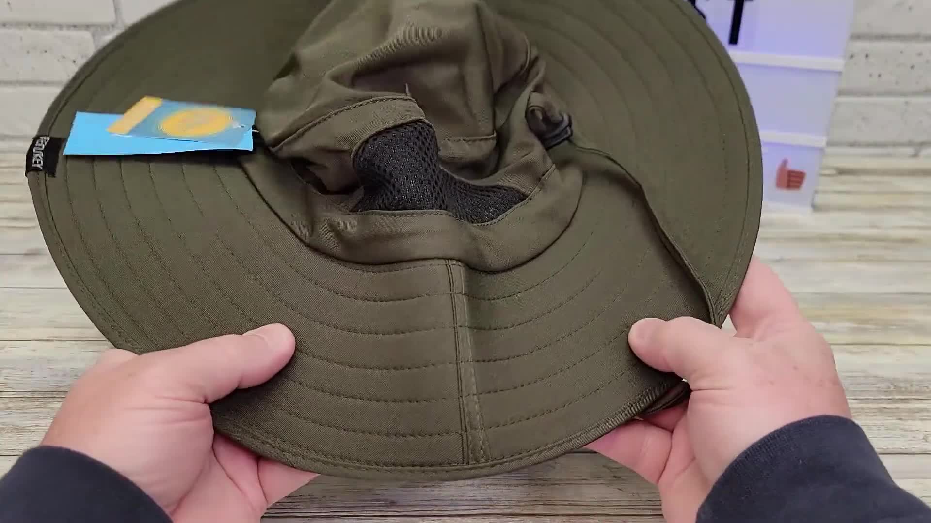 Shot showcasing the wide brim of the hat.