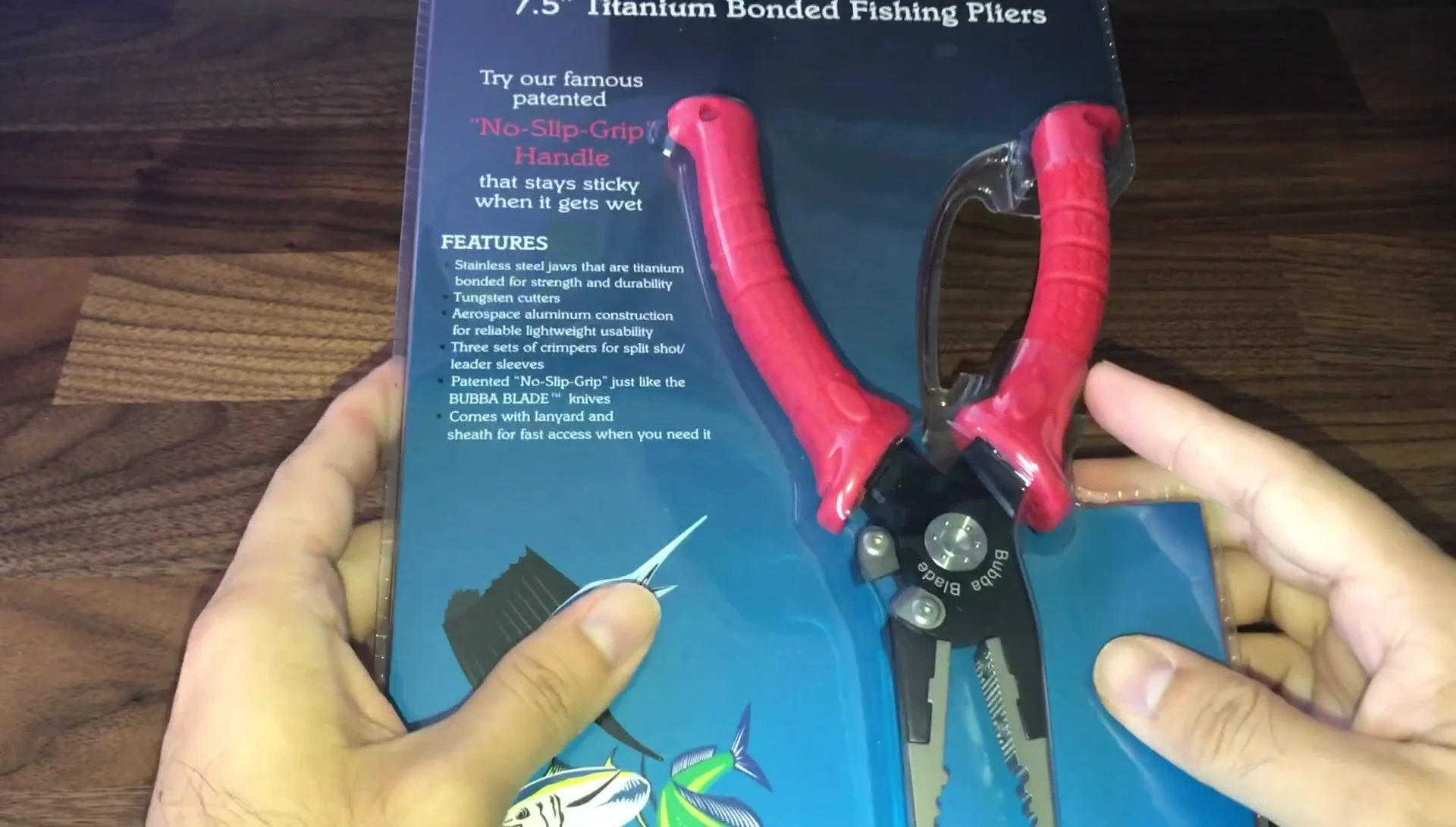Close-up of the Bubba Blade pliers in their packaging.