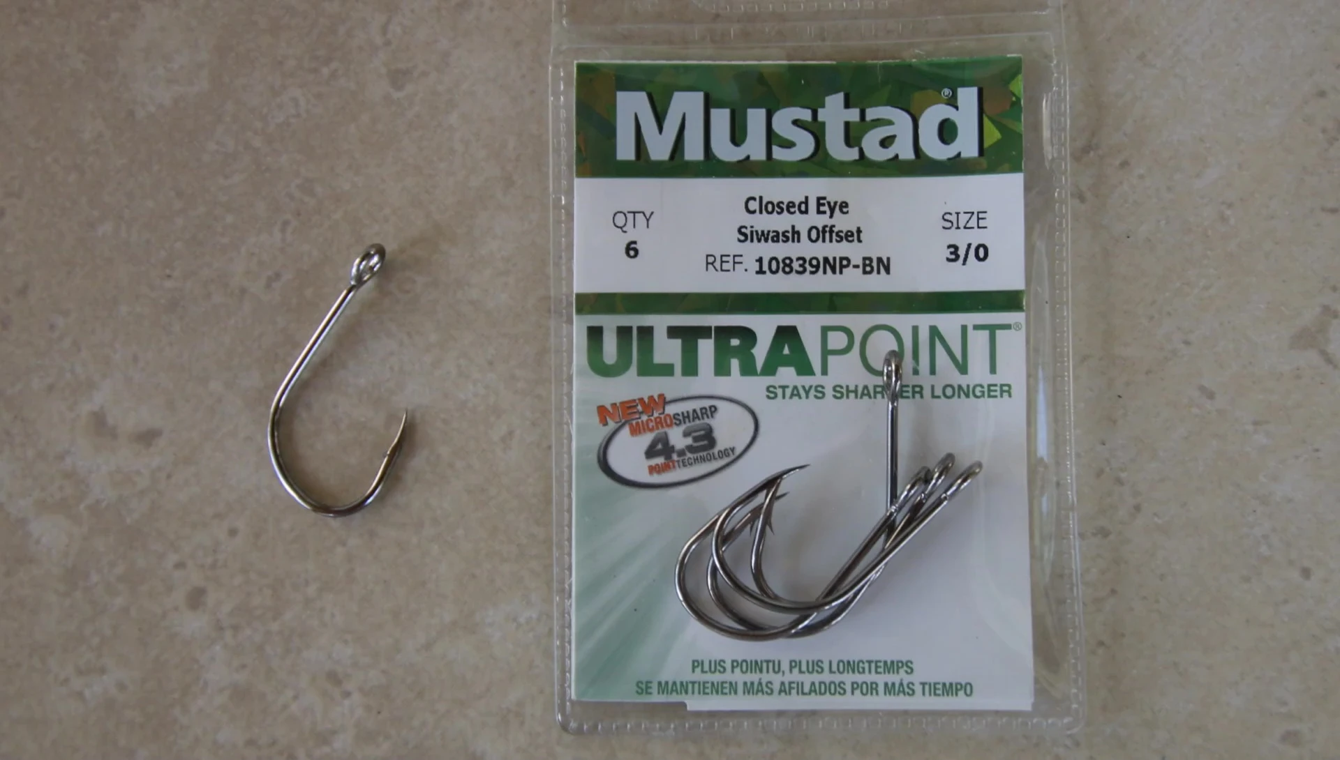Close-up of the Mustad Siwash hook showcasing its long shank and straight eye.