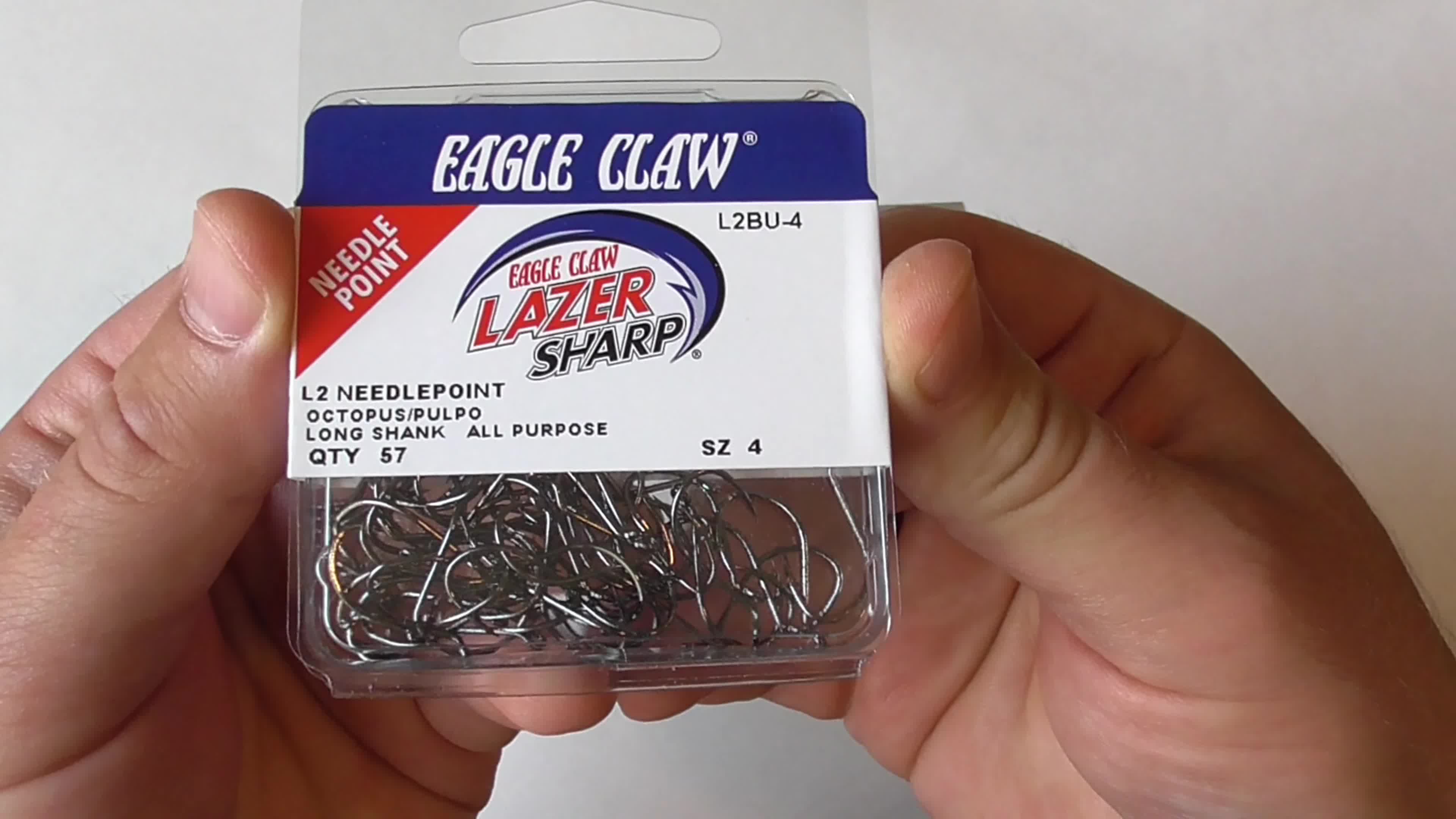 Close-up of Laser Sharp L2 size 4 hooks.