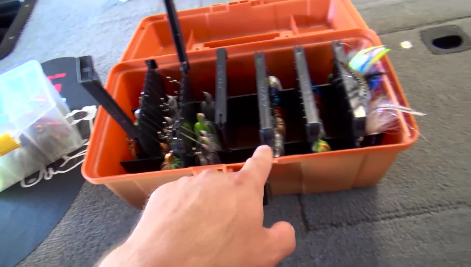 Showing the organized rows of spinnerbaits by weight and color