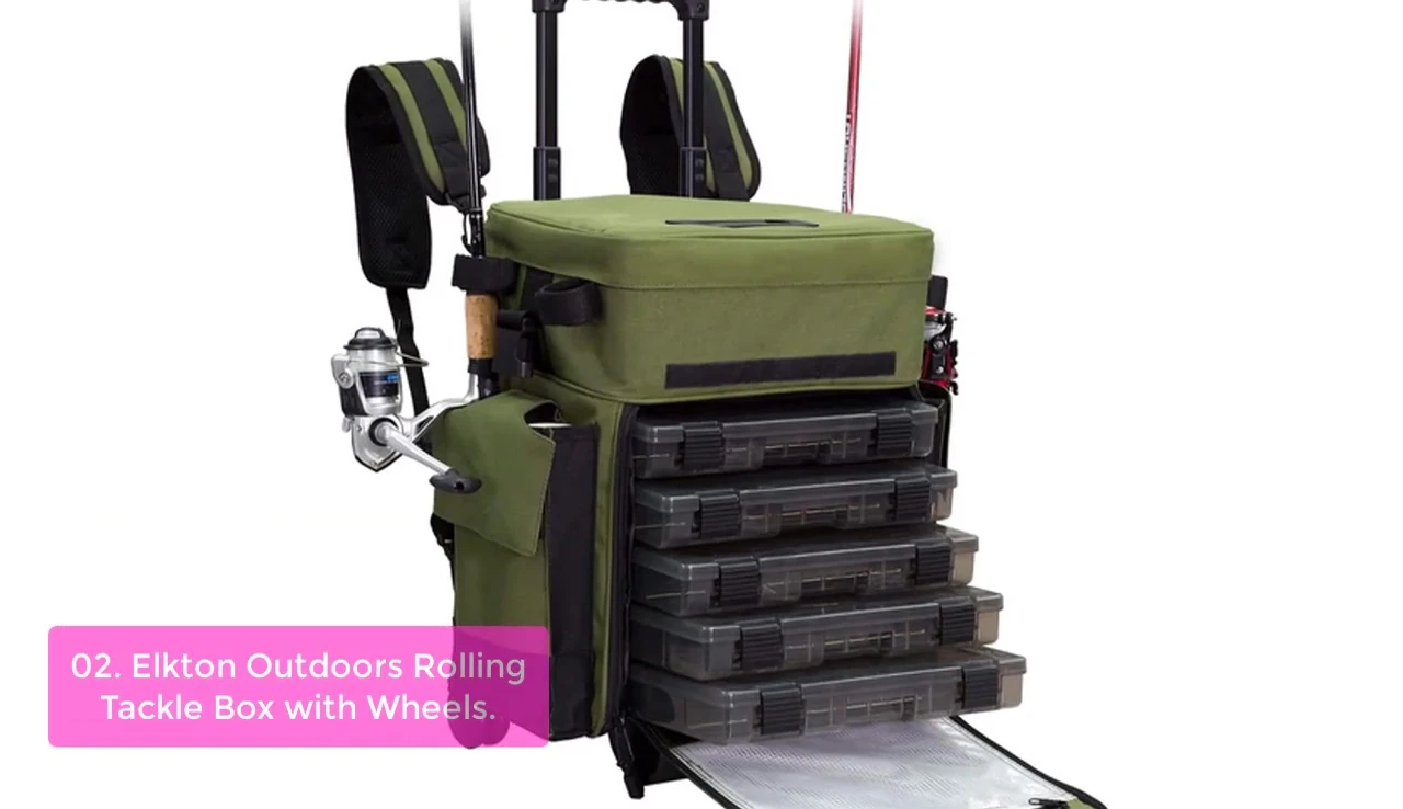 Elkton Outdoors Rolling Tackle Box showcasing its wheels and ample storage space.